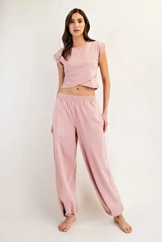 Mineral Washed Short Sleeve Wrap Top- Dusty Rose