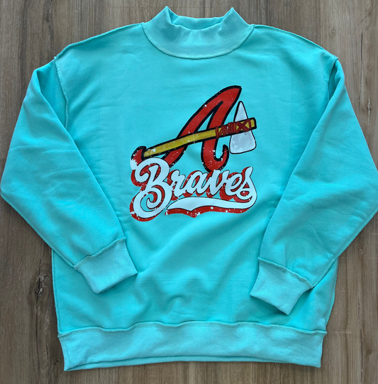 Retro Braves with Tomahawk A on Turquoise Mockneck