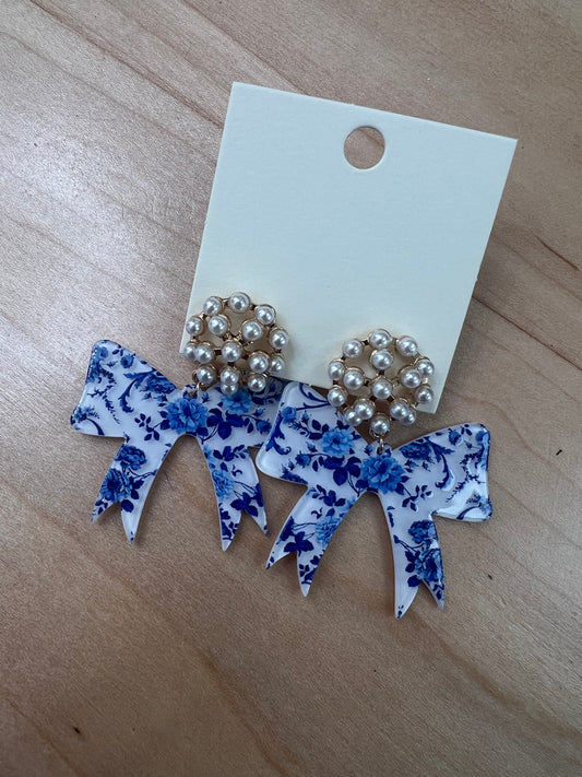 Blue Flower Bow Earrings