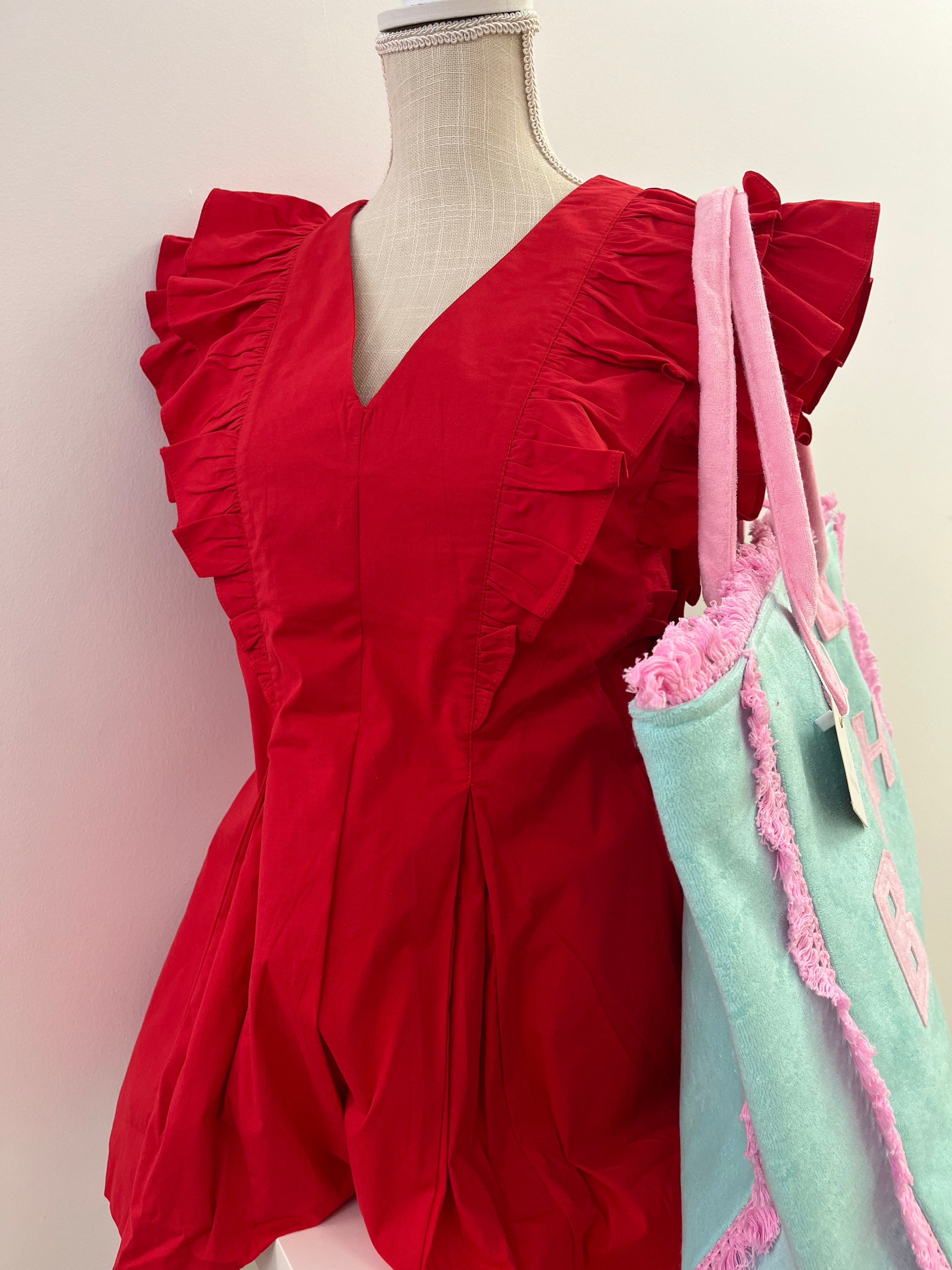 Solid Ruffled V-Neck Pleated Romper Product Detail- Red