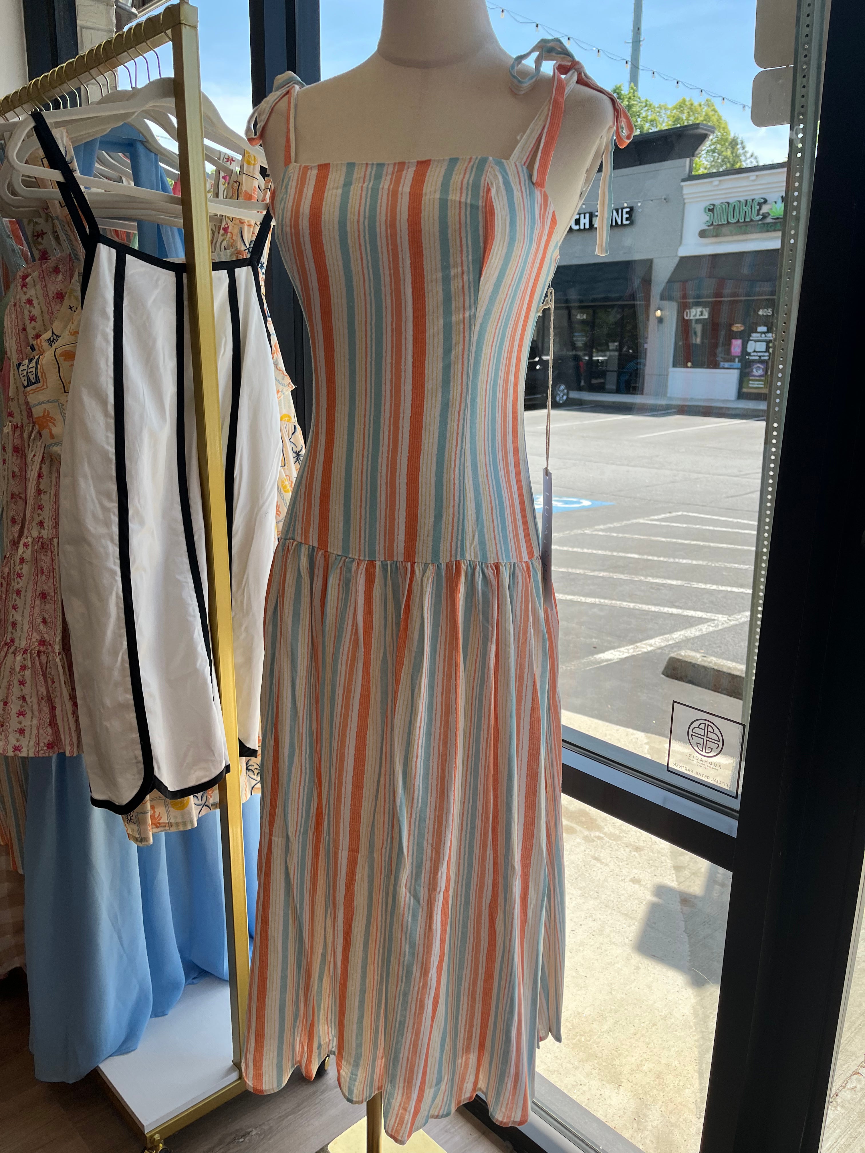 Mixed Stripe Shoulder Tie Dress- Orange/Blue Multi
