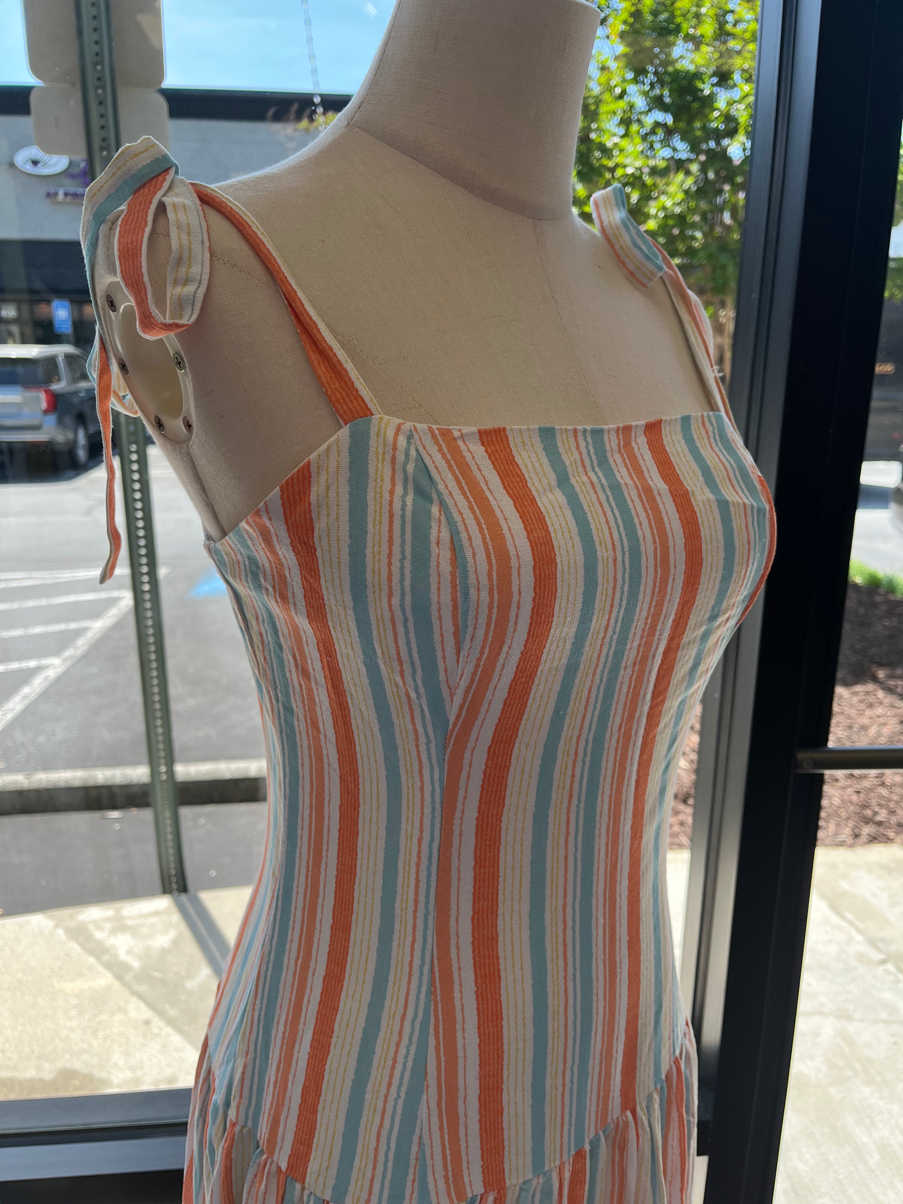 Mixed Stripe Shoulder Tie Dress- Orange/Blue Multi