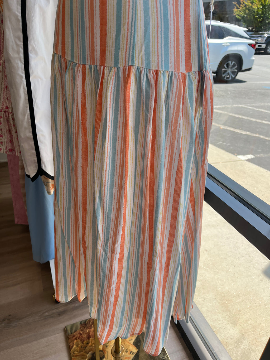Mixed Stripe Shoulder Tie Dress- Orange/Blue Multi
