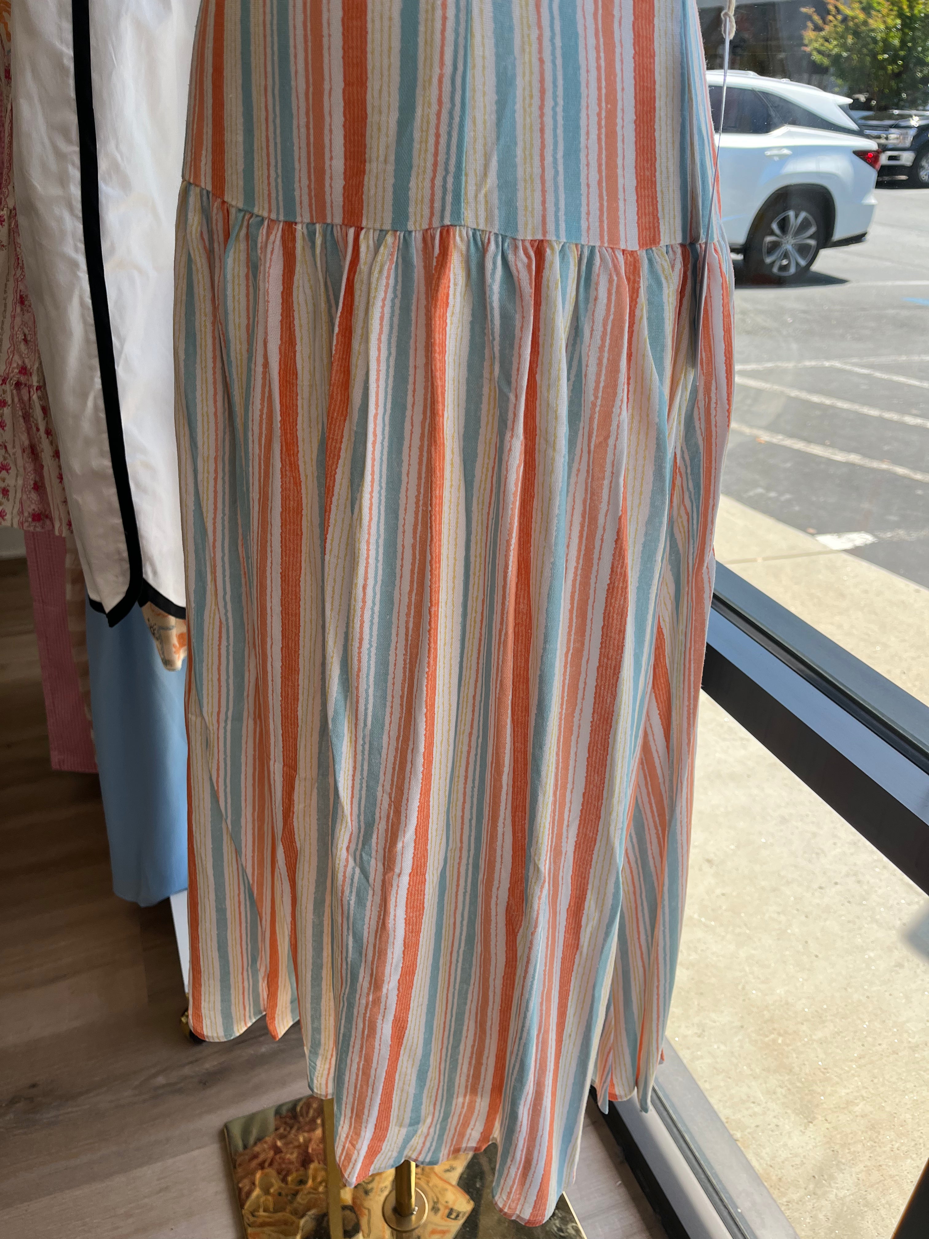 Mixed Stripe Shoulder Tie Dress- Orange/Blue Multi