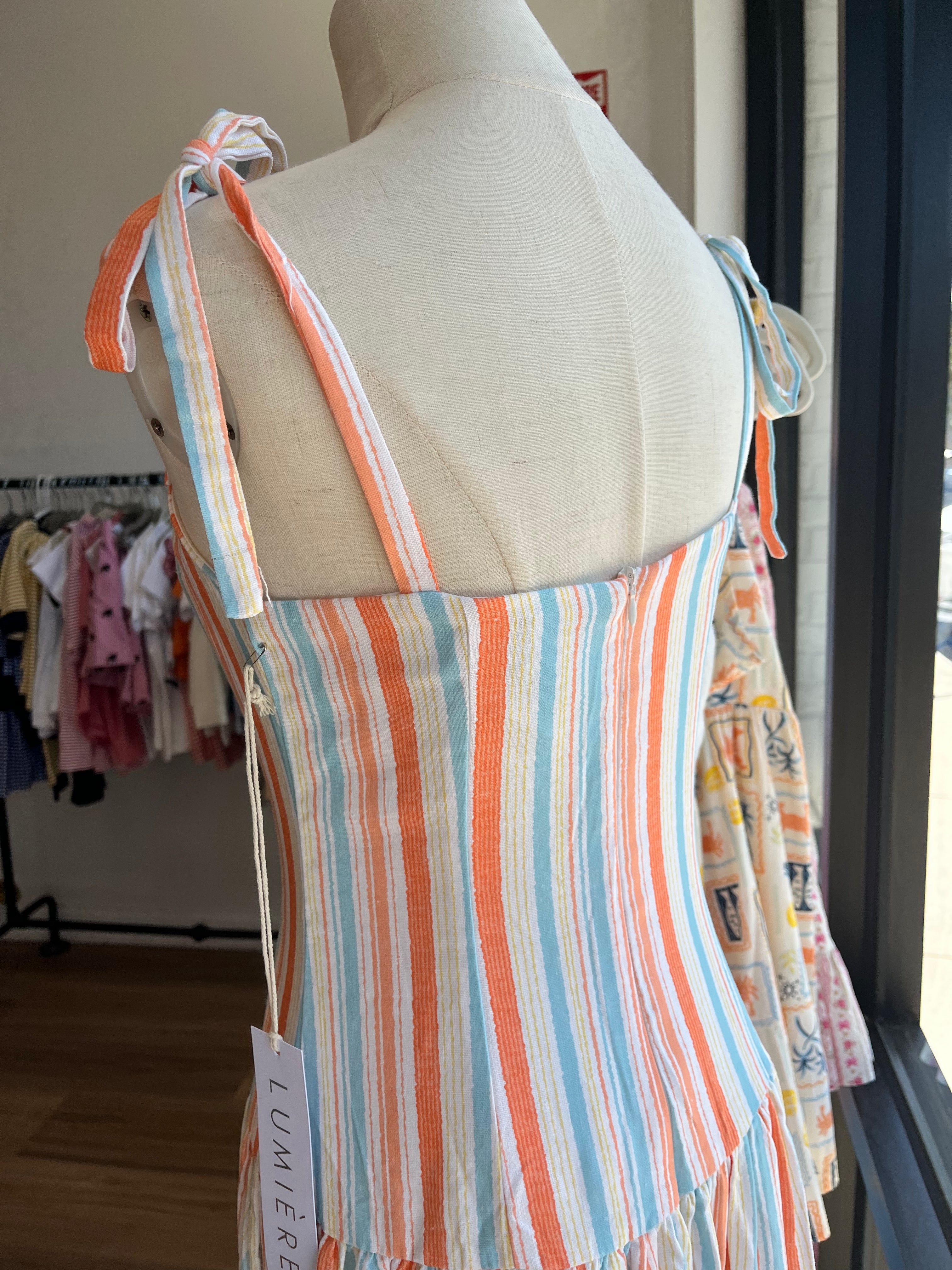 Mixed Stripe Shoulder Tie Dress- Orange/Blue Multi