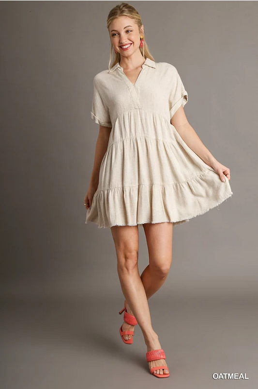 Linen Folded Sleeve Tiered Dress Oatmeal