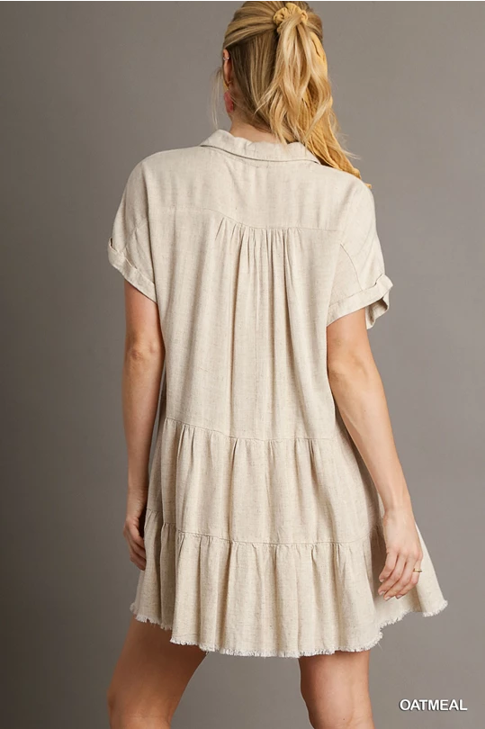 Linen Folded Sleeve Tiered Dress Oatmeal