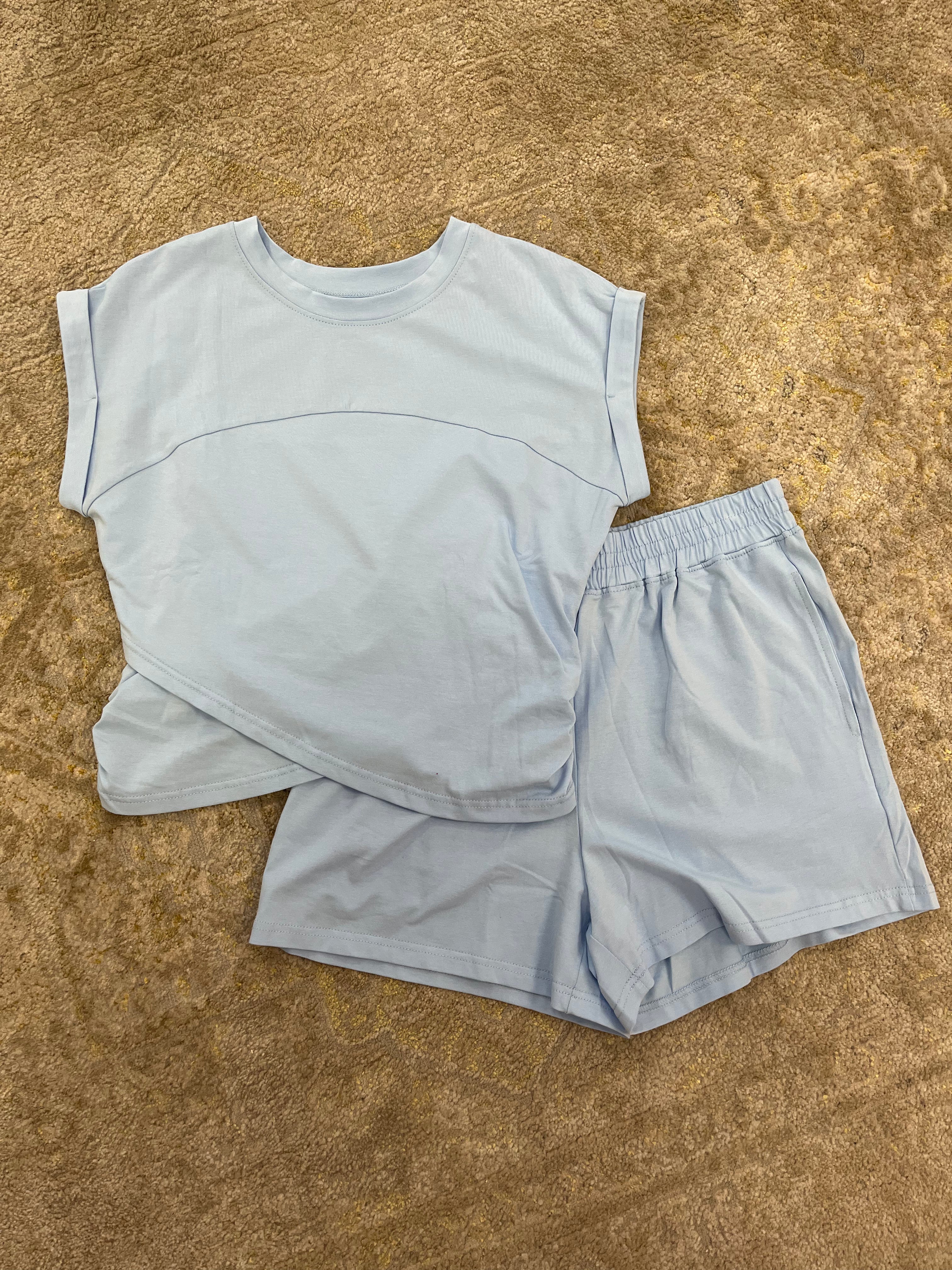 Women 2 Piece Sky Blue Short Set Loungewear Matching Set with Pockets