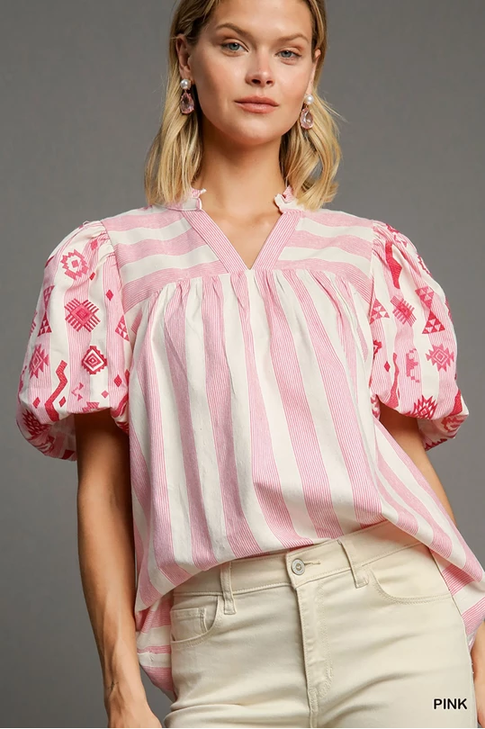 Stripe Embroidered Sleeve Top