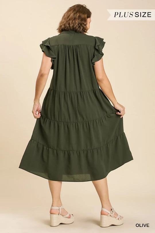 Olive Solid Collared Midi Dress