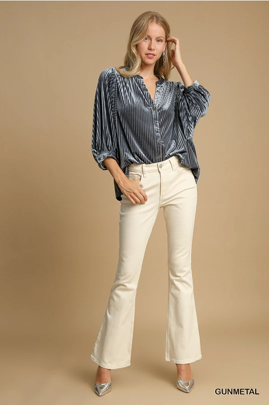 V-Notched Button Down Top - Gunmetal