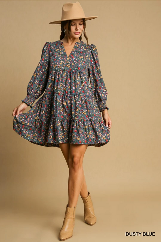 Floral Corduroy Dress- Dusty Blue