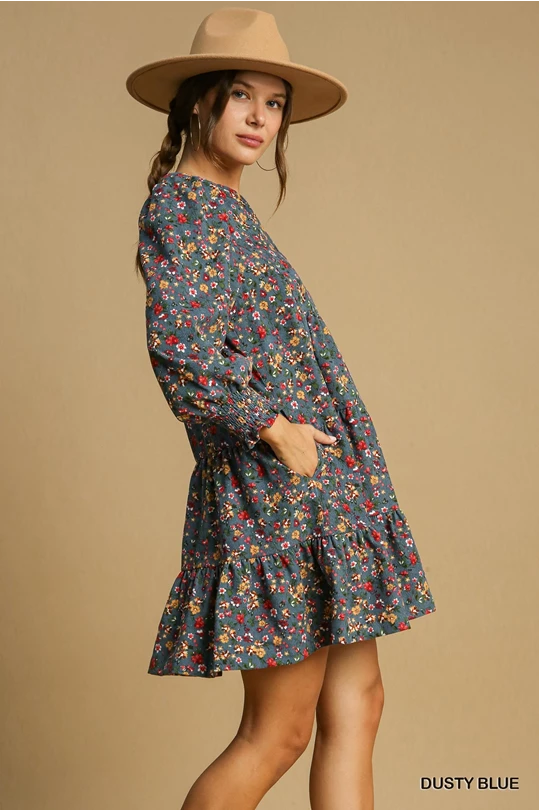 Floral Corduroy Dress- Dusty Blue