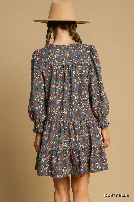 Floral Corduroy Dress- Dusty Blue