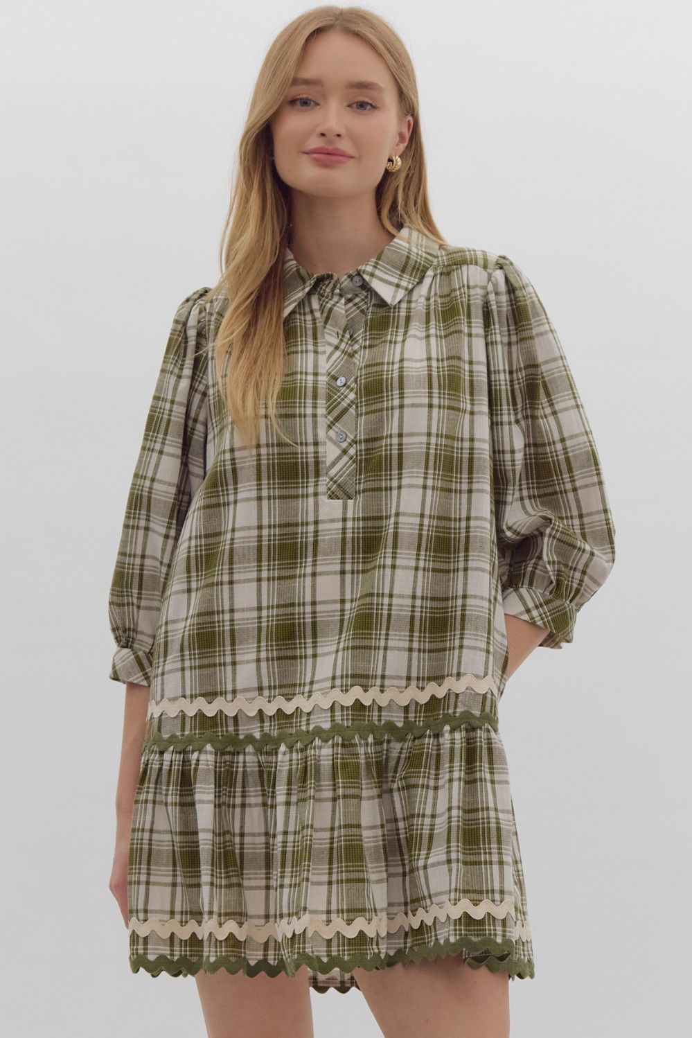 Plaid print 3/4 sleeve collared mini dress featuring button up detail at bust