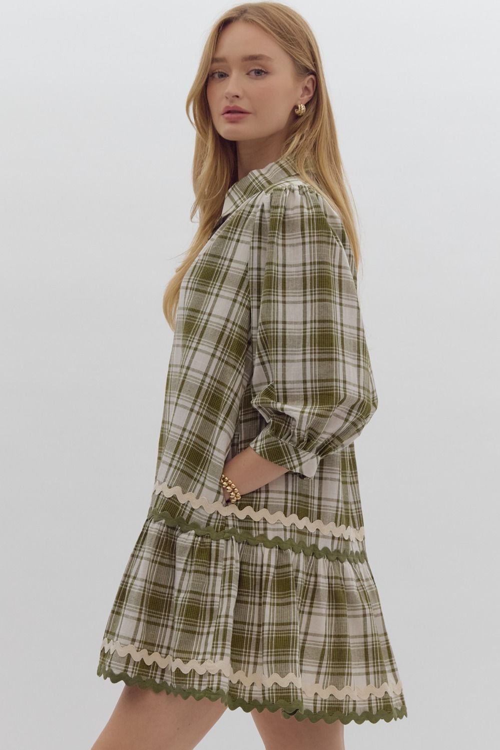 Plaid print 3/4 sleeve collared mini dress featuring button up detail at bust