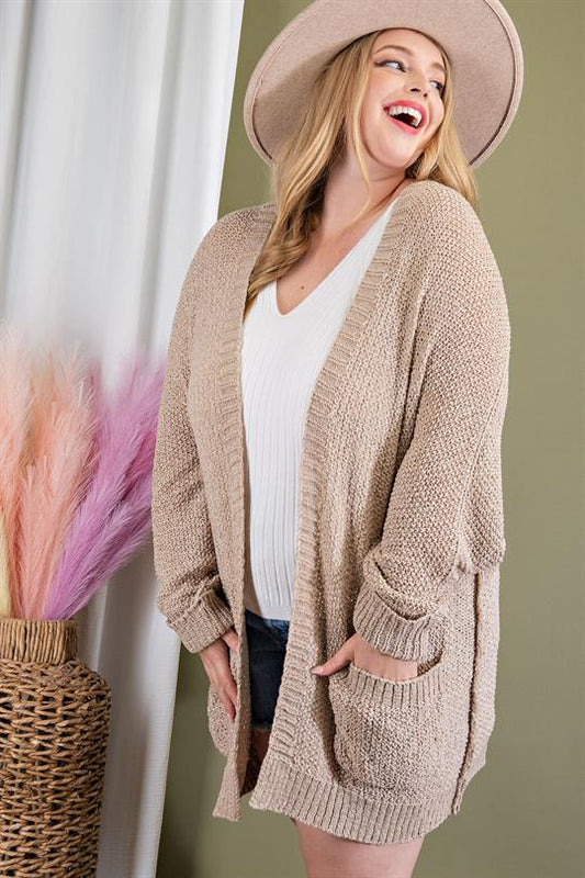 RIBBED KNIT OPEN FRONT CARDIGAN - Oatmeal