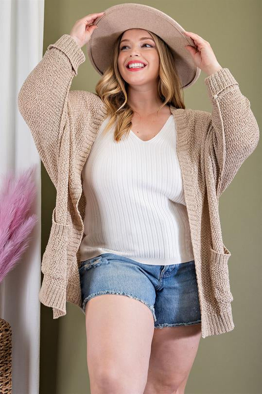 RIBBED KNIT OPEN FRONT CARDIGAN - Oatmeal