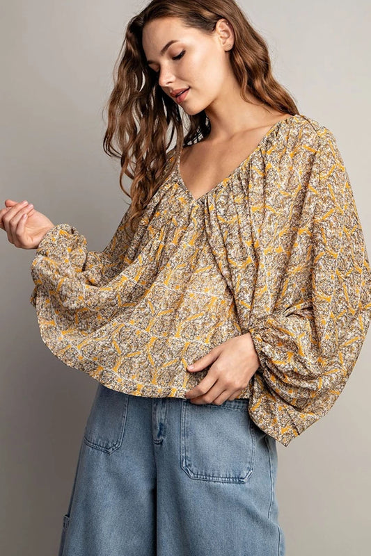 V-NECK LONG SLEEVE BLOUSE TOP - Mustard