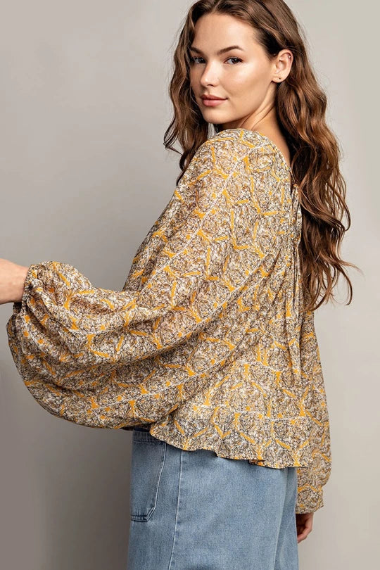 V-NECK LONG SLEEVE BLOUSE TOP - Mustard