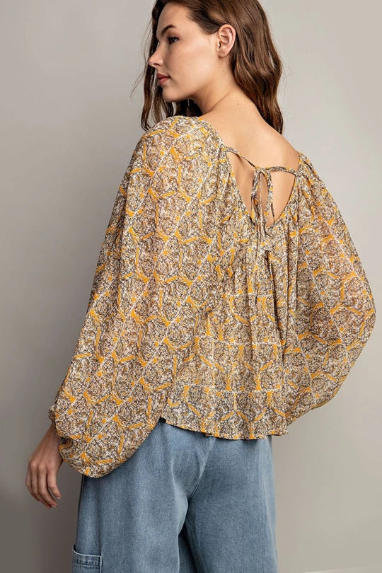 V-NECK LONG SLEEVE BLOUSE TOP - Mustard