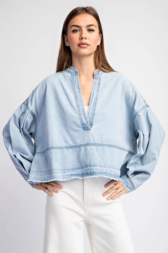 MINERAL WASHED DENIM V-NECK LONG SLEEVE TOP