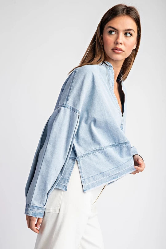 MINERAL WASHED DENIM V-NECK LONG SLEEVE TOP