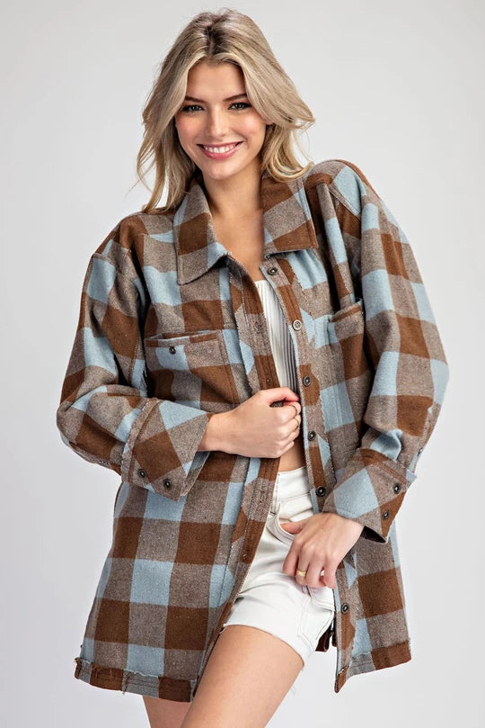 CHECKER PRINT BUTTON DOWN SHACKET - Ice Coffee