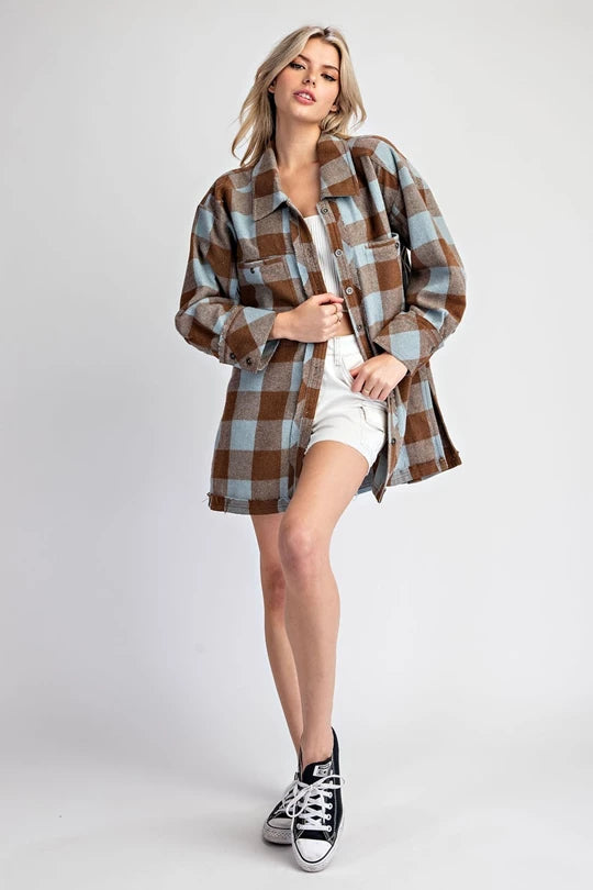 CHECKER PRINT BUTTON DOWN SHACKET - Ice Coffee