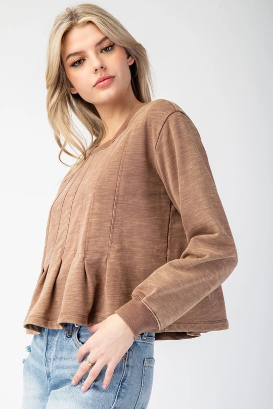 SNOW WASHED PLEATED LONG SLEEVE TOP - COCO