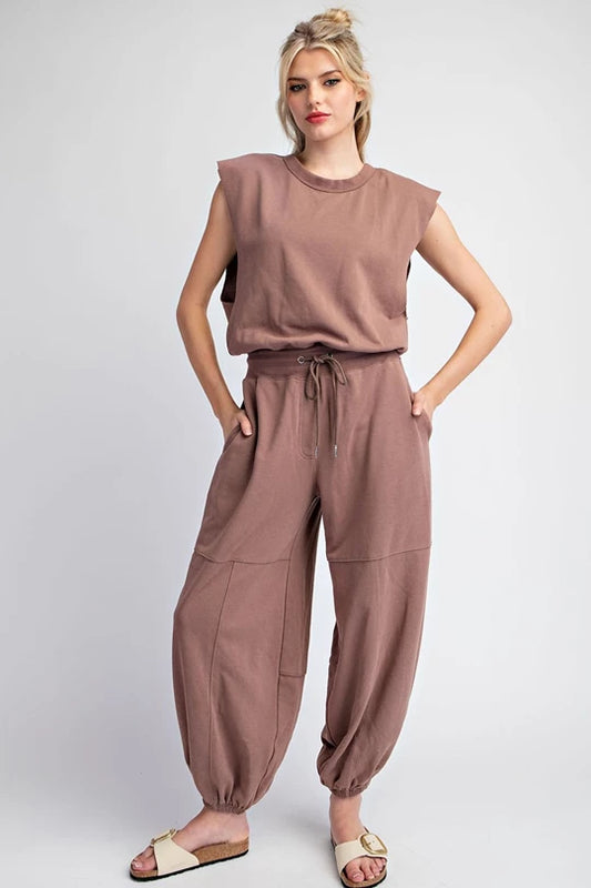 MINERAL WASHED OPEN BACK JUMPSUIT - Brownie