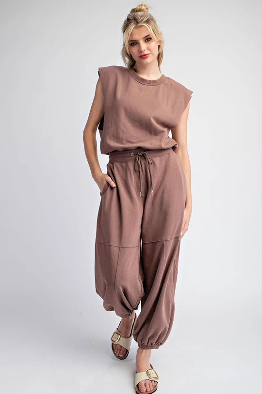 MINERAL WASHED OPEN BACK JUMPSUIT - Brownie