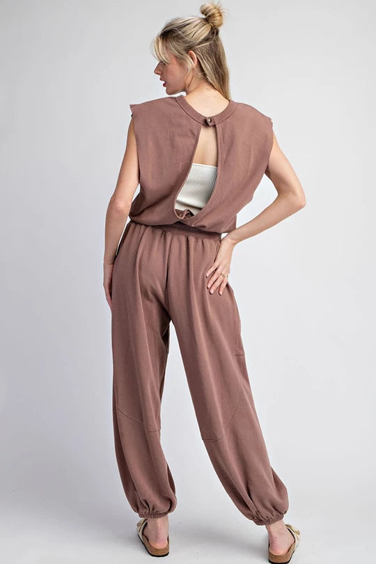 MINERAL WASHED OPEN BACK JUMPSUIT - Brownie