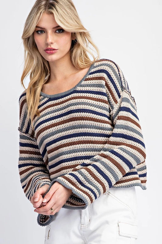 STRIPED CROCHET KNIT LONG SLEEVE SWEATER