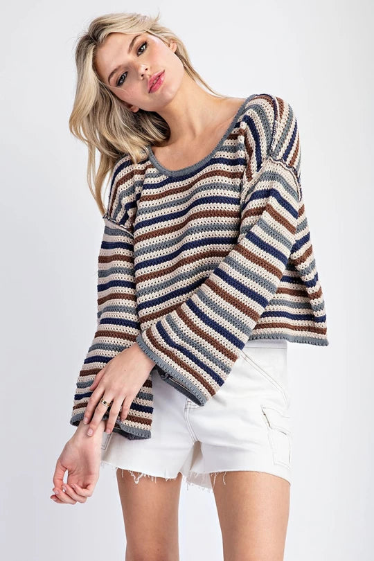 STRIPED CROCHET KNIT LONG SLEEVE SWEATER