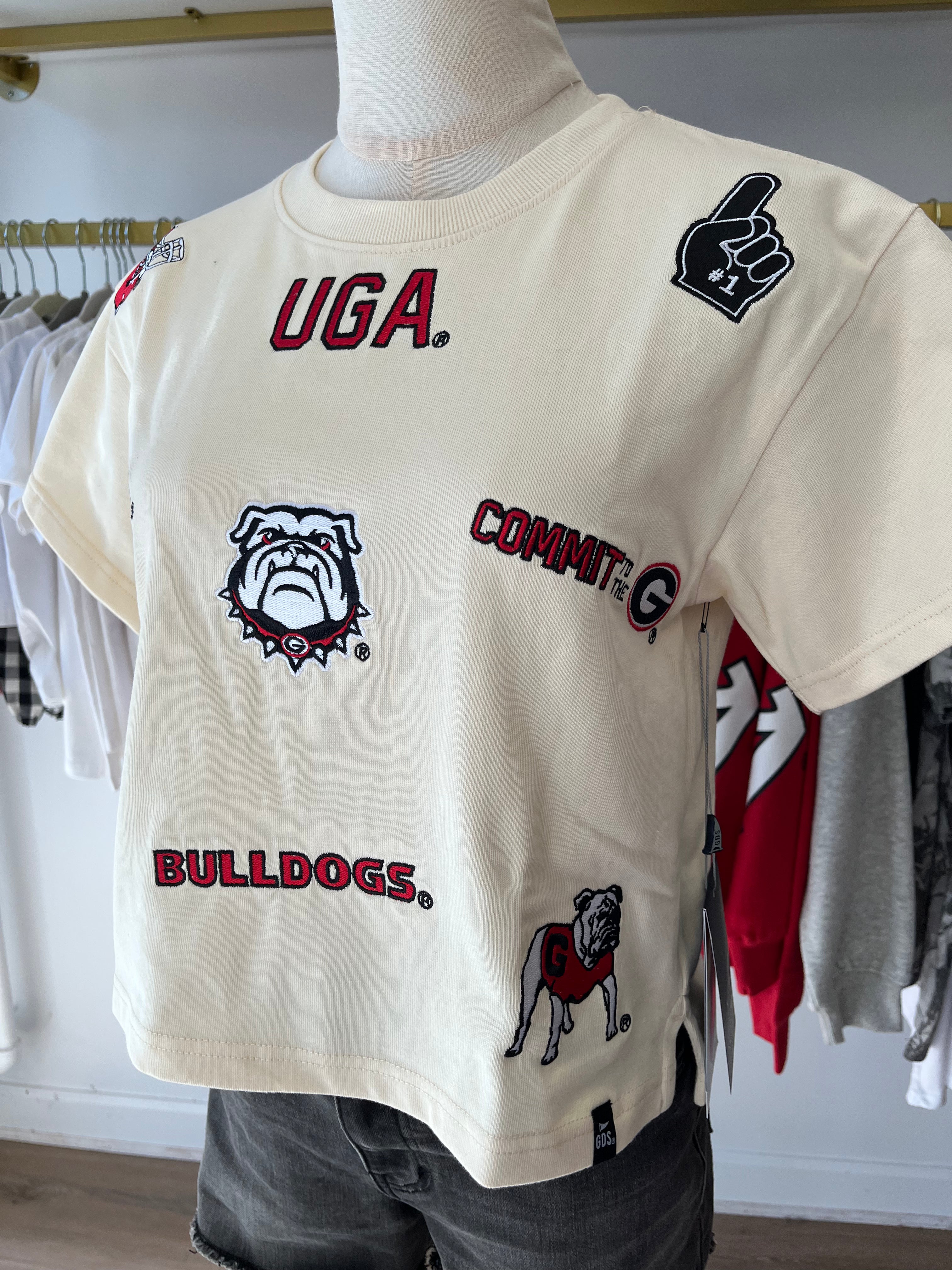 UGA All Over The Place Heavyweight Crop Tee in Oatmeal - GAMEDAY SOCIAL