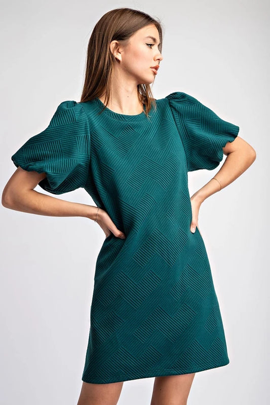 TEXTURED PUFF SLEEVE MINI DRESS Hunter Green