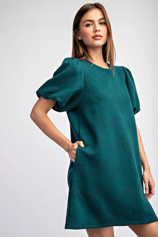 TEXTURED PUFF SLEEVE MINI DRESS Hunter Green