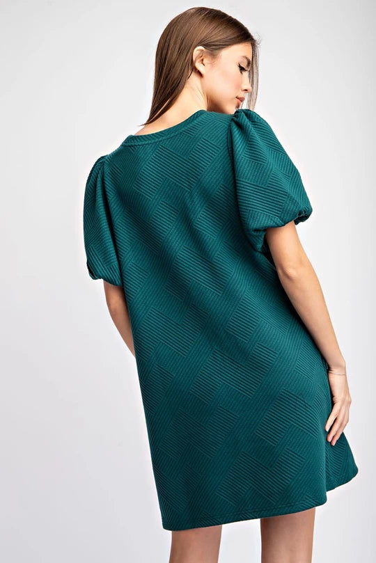 TEXTURED PUFF SLEEVE MINI DRESS Hunter Green