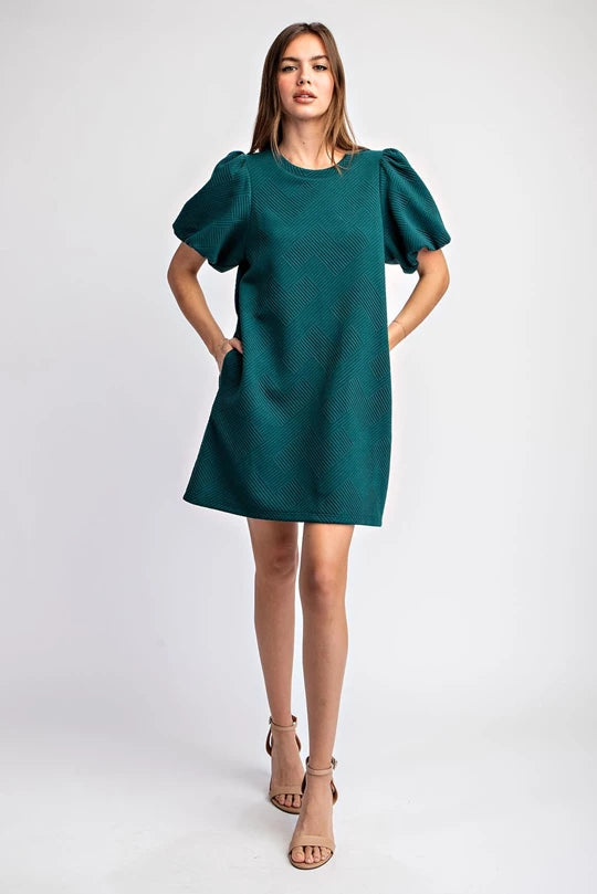 TEXTURED PUFF SLEEVE MINI DRESS Hunter Green