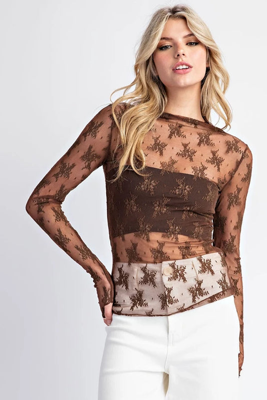 Brown LACE LONG SLEEVE TOP