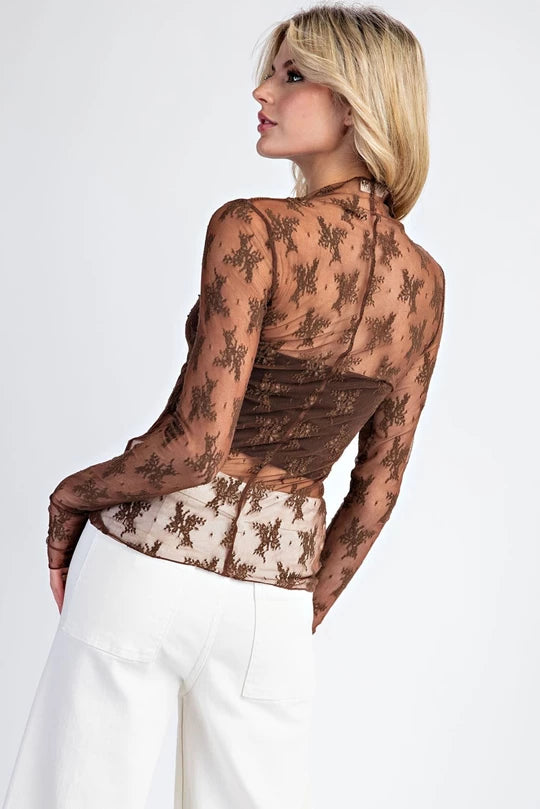 Brown LACE LONG SLEEVE TOP