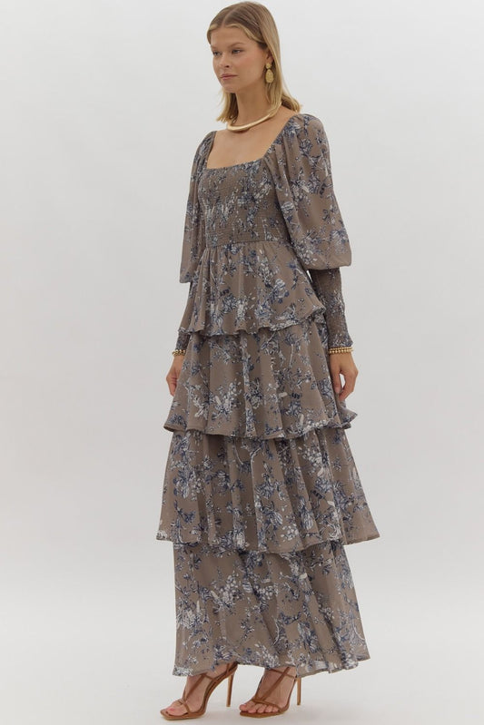 Printed long sleeve square neck tiered maxi dress featuring smocking at bust and cuff. - Mocha Grey