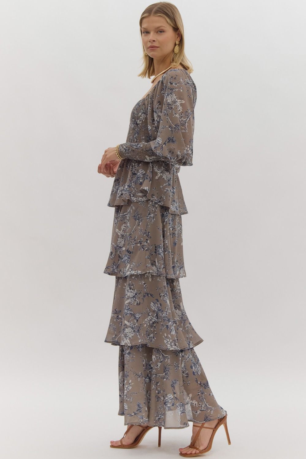 Printed long sleeve square neck tiered maxi dress featuring smocking at bust and cuff. - Mocha Grey