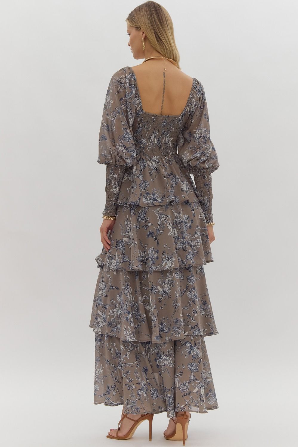 Printed long sleeve square neck tiered maxi dress featuring smocking at bust and cuff. - Mocha Grey