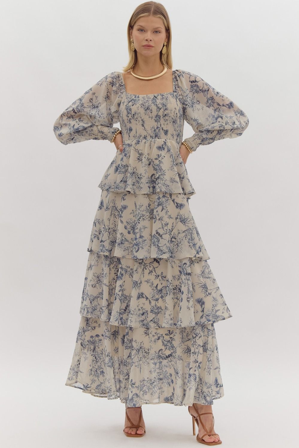 Printed long sleeve square neck tiered maxi dress featuring smocking at bust and cuff. - Taupe