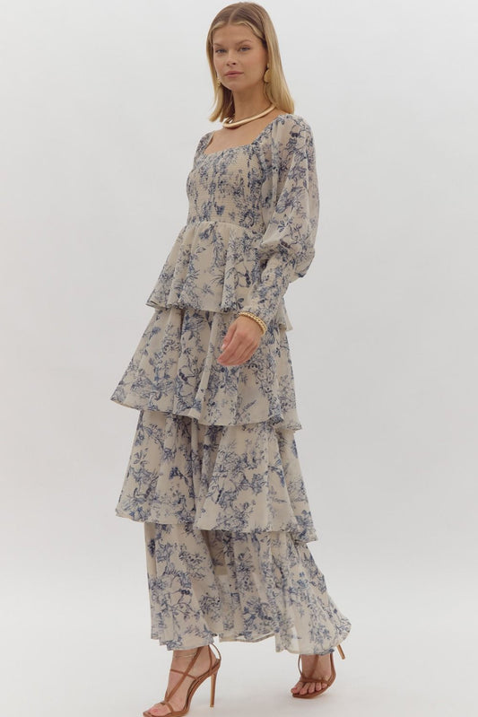 Printed long sleeve square neck tiered maxi dress featuring smocking at bust and cuff. - Taupe