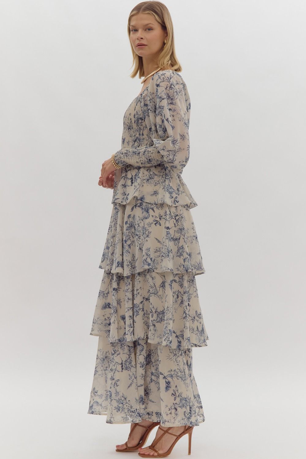 Printed long sleeve square neck tiered maxi dress featuring smocking at bust and cuff. - Taupe