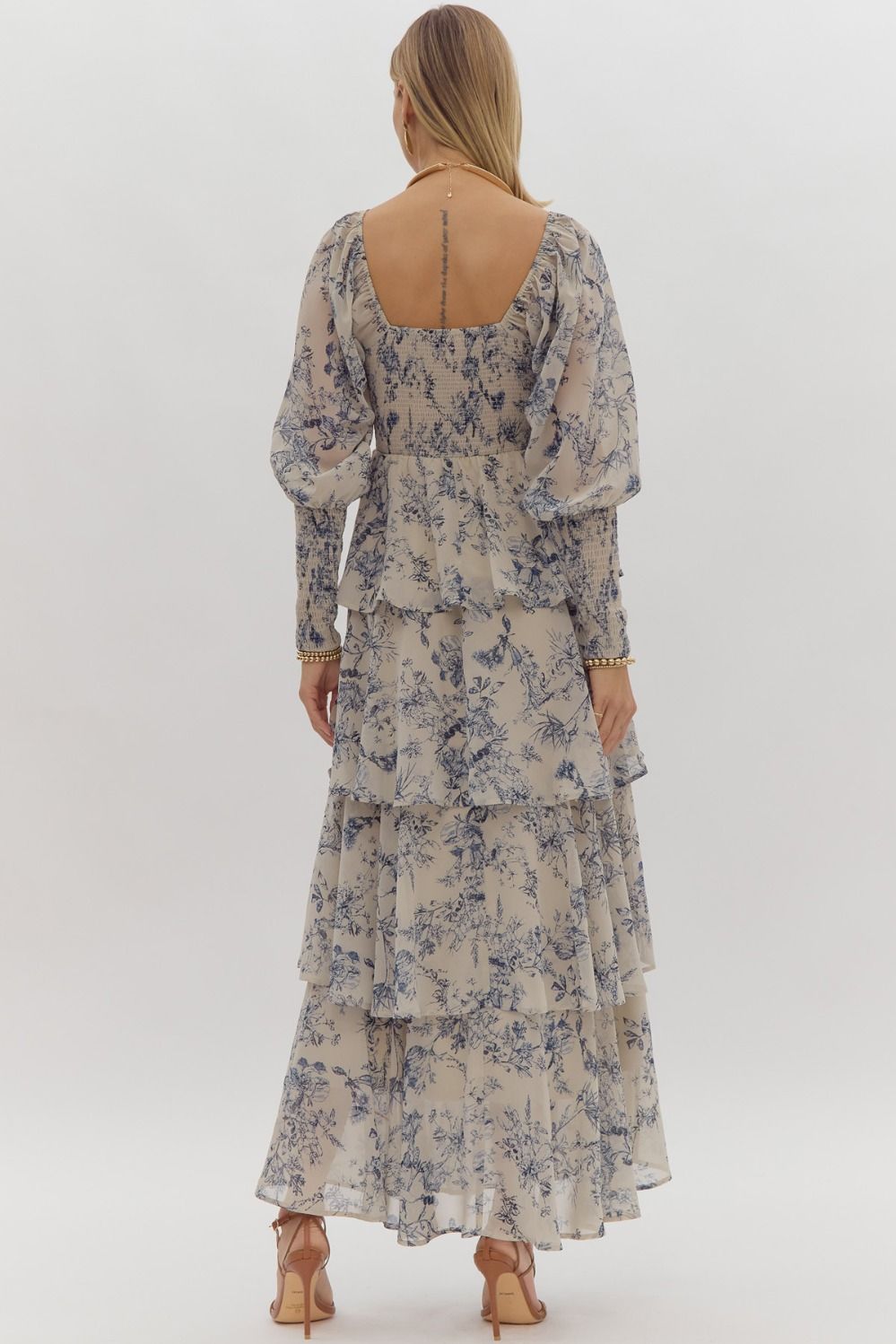 Printed long sleeve square neck tiered maxi dress featuring smocking at bust and cuff. - Taupe