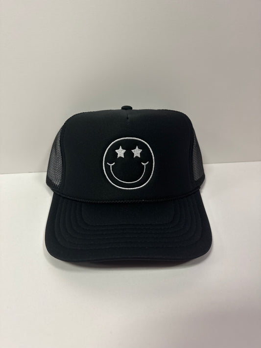 Embroidered black smiley trucker foam hat